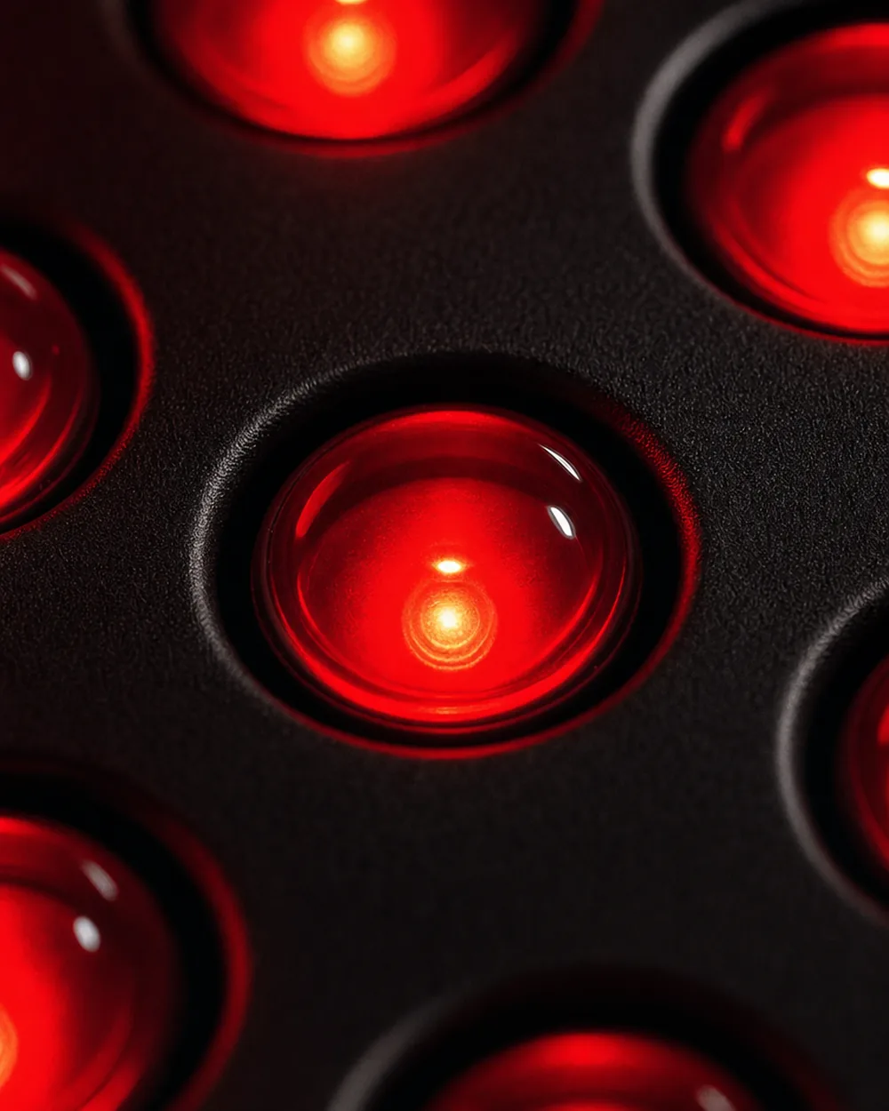 Macro view of a crystal glass lens over a glowing red LED on the Rinnovare panel face.