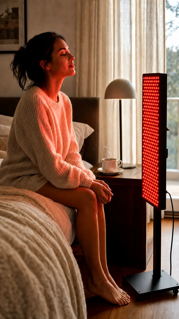 A slow morning ritual — a woman on the edge of her bed facing the glowing R-100 panel, tea steaming.