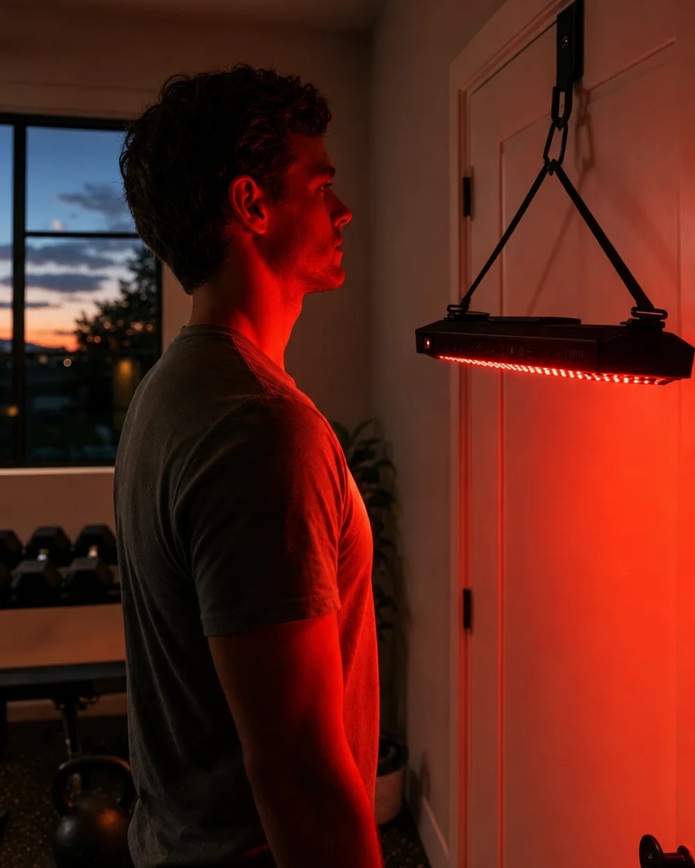 The R-100 panel door-mounted for an evening shoulder session in a home gym.
