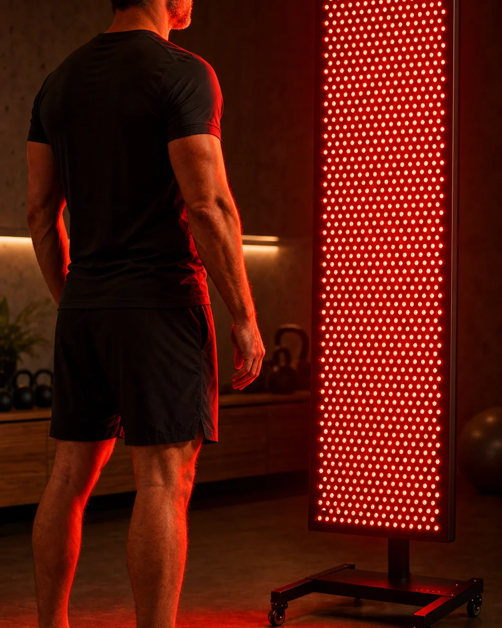 A full-body session in front of the R-1000 panel in a home gym.